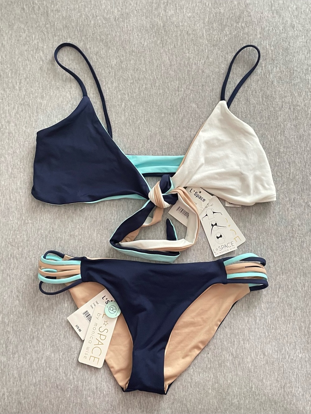 L*Space Cream & Blue Reversible Bikini Set Top Sz Large Bottoms Sz Medium NWT